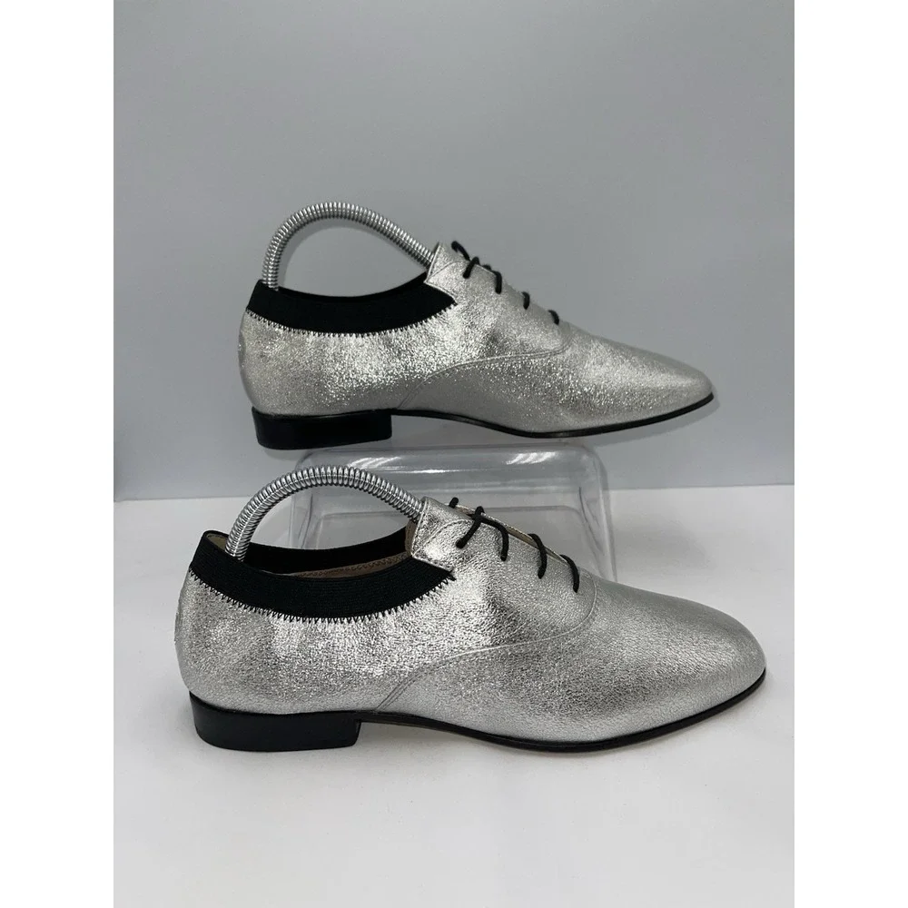 TORY BURCH Bombe Oxfords Lace-Up WOMENS SZ 8.5 Metallic Silver Black